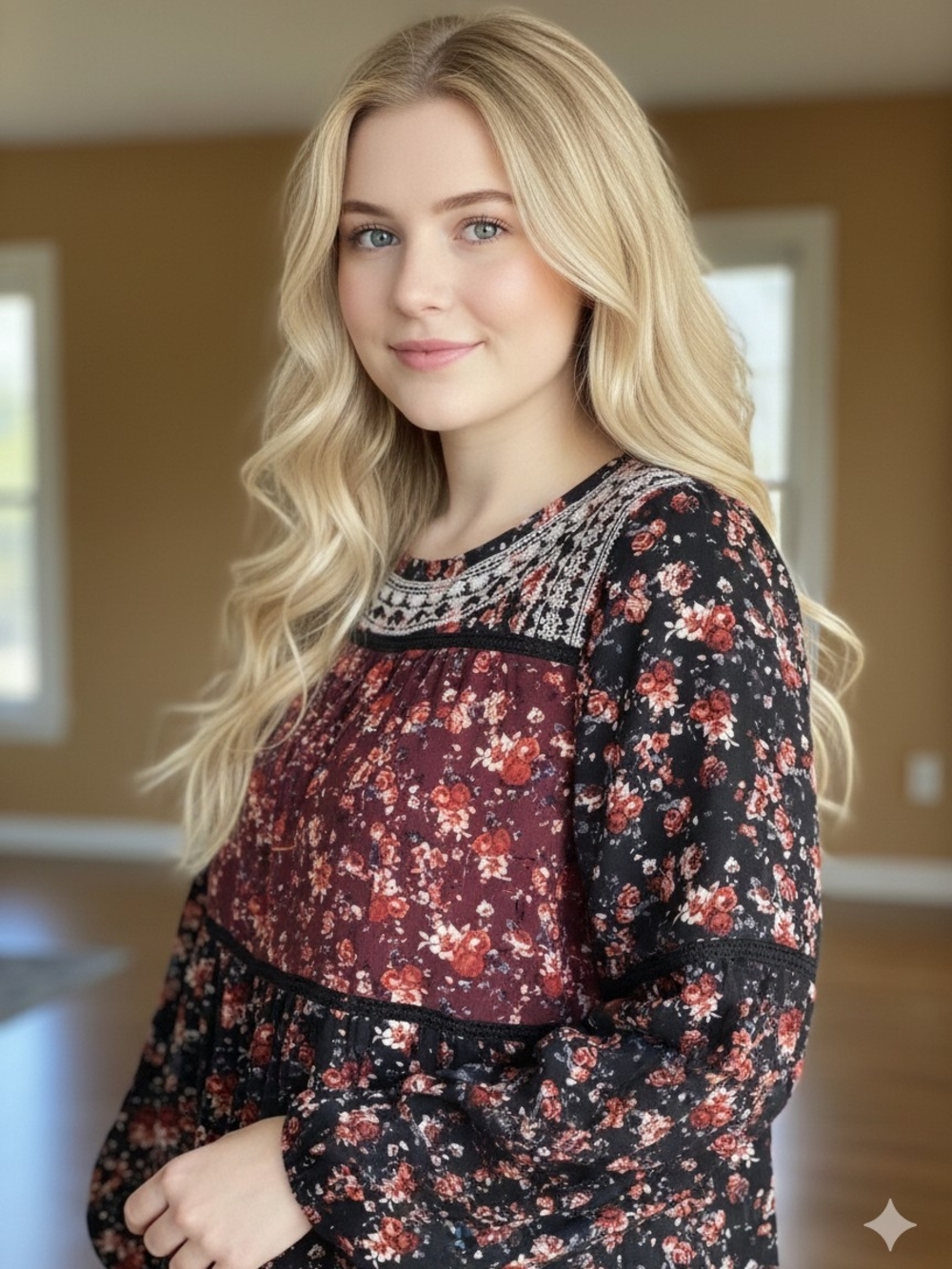 Knox Rose Black & Burgundy Floral Embroidered Yoke Tunic